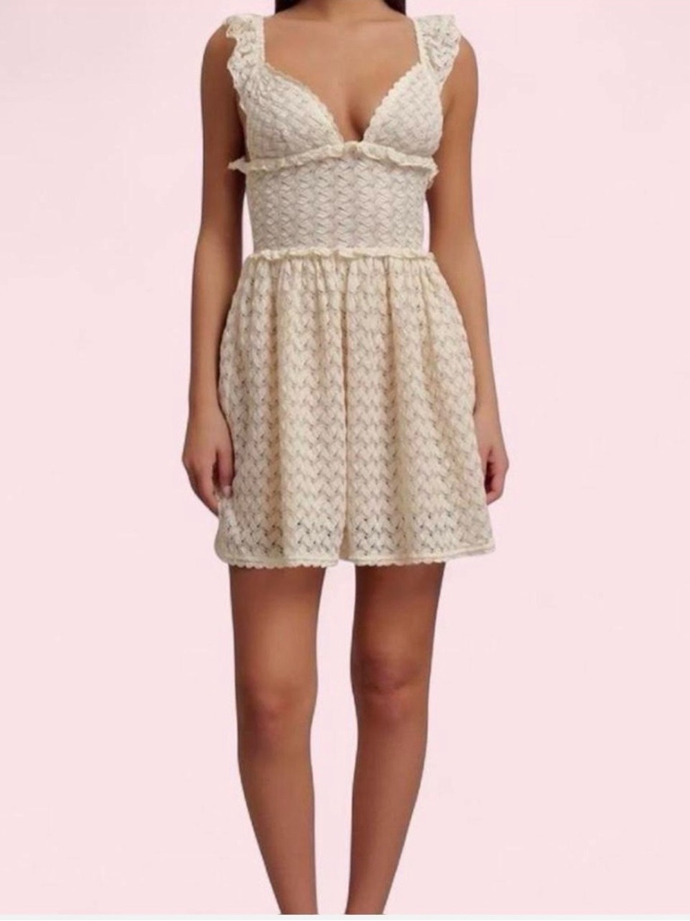 Meshki Cream Lace Mini Dress w/ Scalloped Straps, Ruffles, and Criss Cross Lace